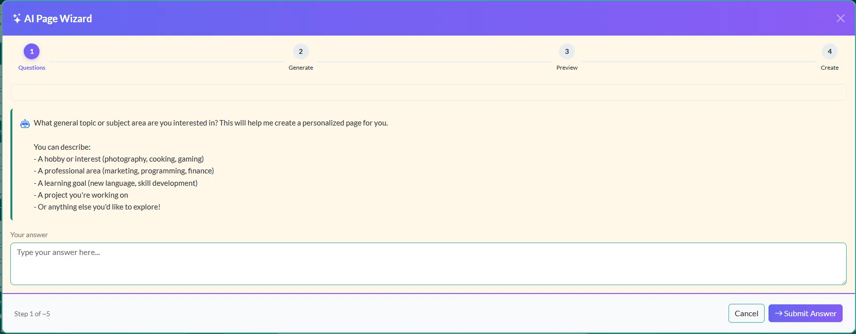 AI Page Wizard - Step 1